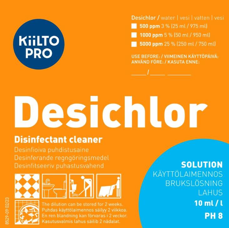 Käyttöliuosetiketti KIILTO Desichlor - Käyttöliouspullot ja -etiketit - 158440 - 1