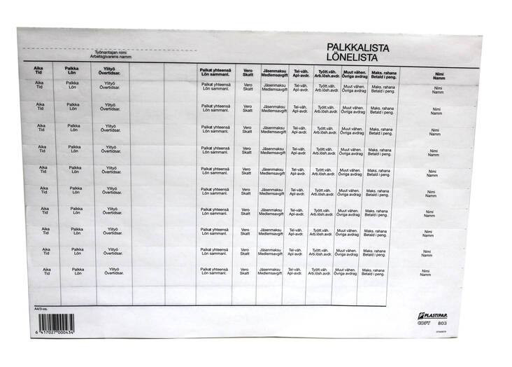 Palkkalista A4 3-osainen (jäljentävä) - Lomakkeet - 102245 - 1