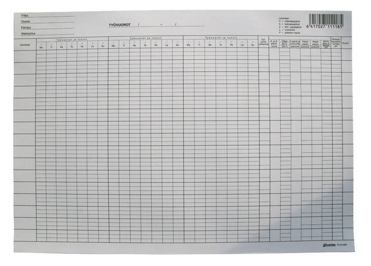 Työvuorolista A3 PLASTIPAP - Lomakkeet - 117476 - 1