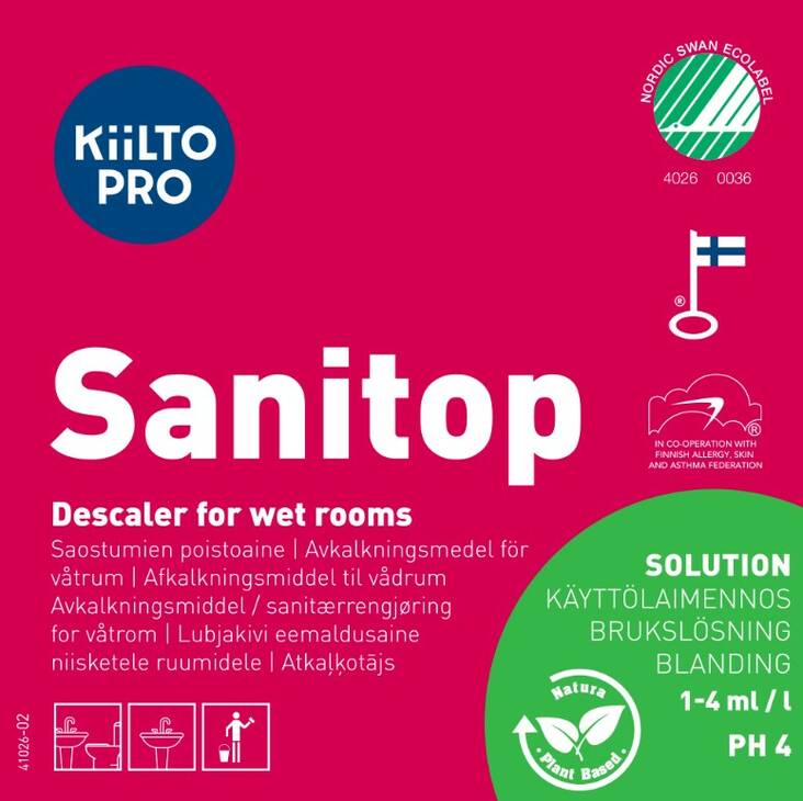 Käyttöliuosetiketti KIILTO Sanitop - Käyttöliouspullot ja -etiketit - 158439 - 1